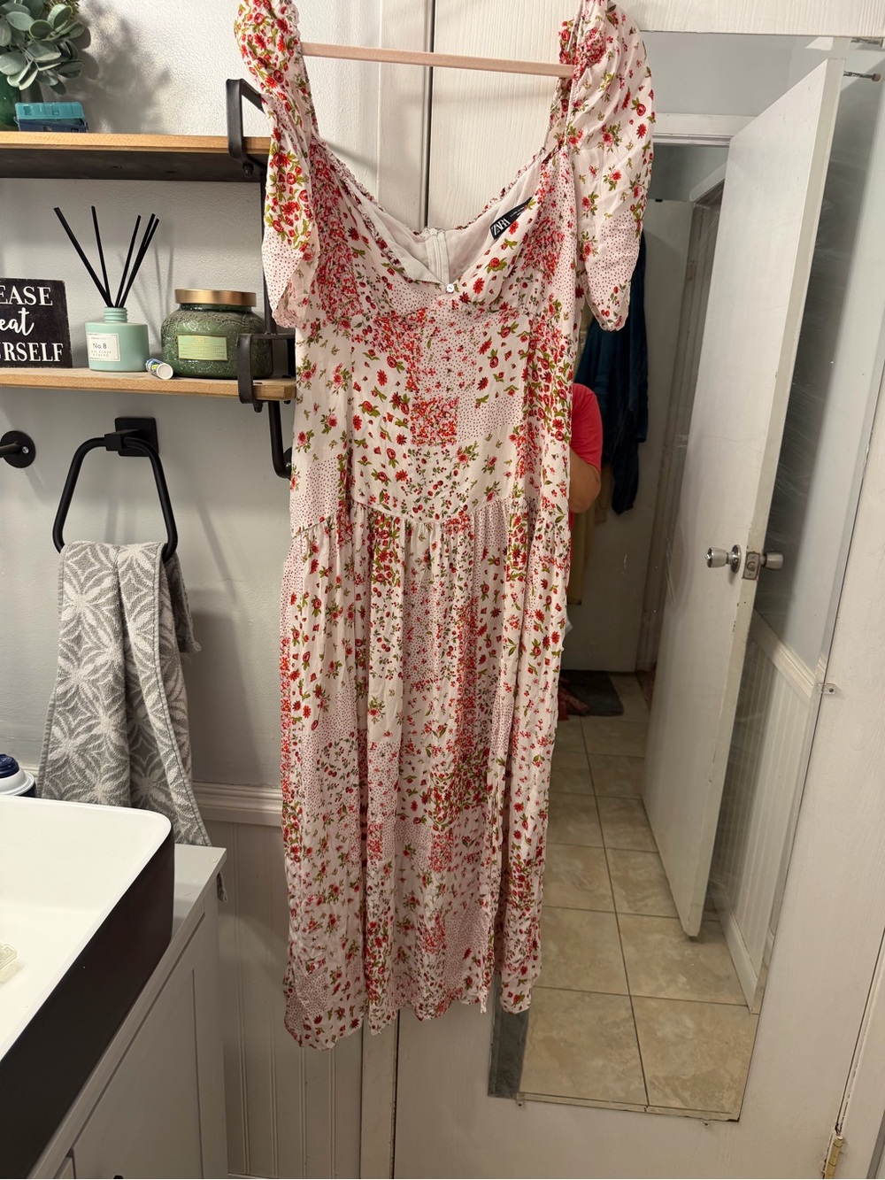 Zara White Maxi Dress with Red Floral Print